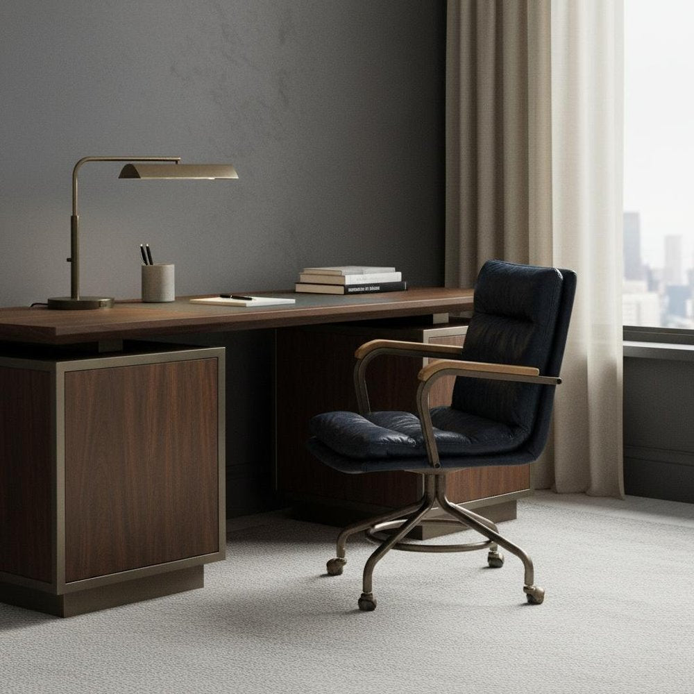 Navy Blue and Dark Brown Swivel Rolling Executive Office Chair