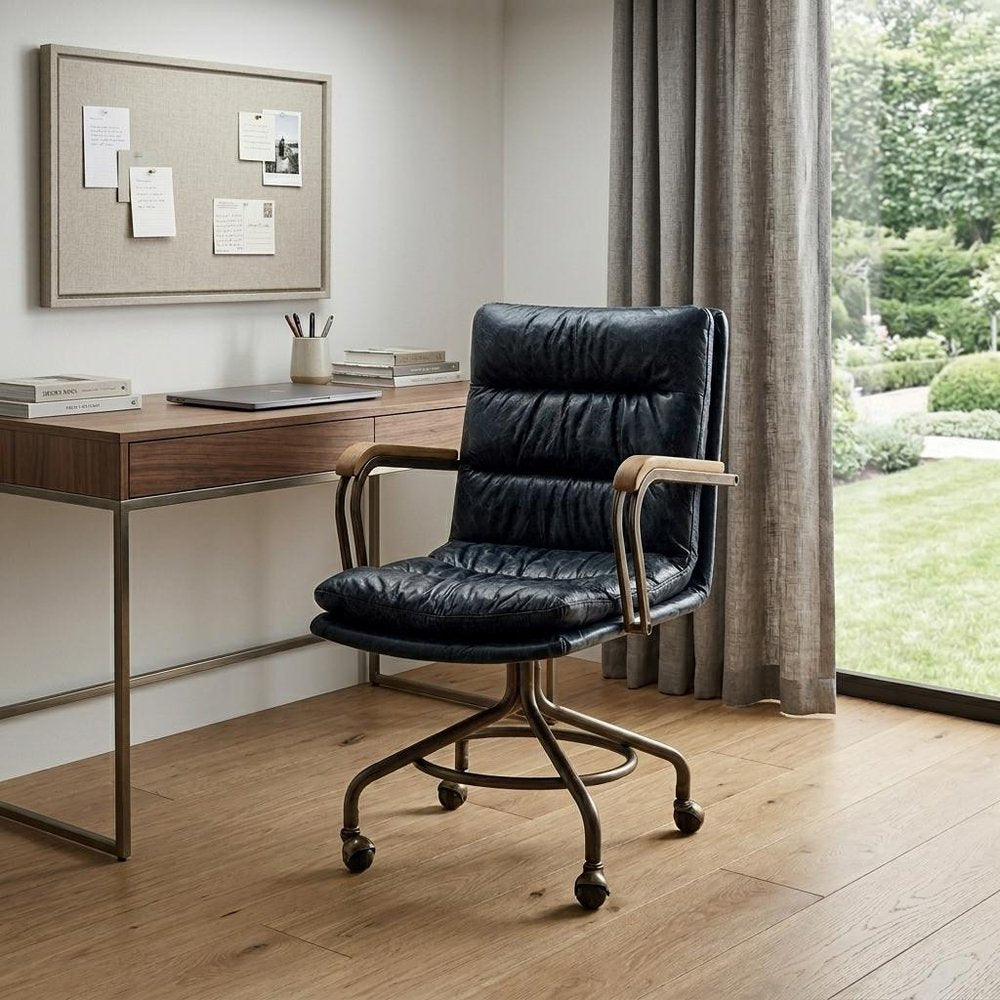 Navy Blue and Dark Brown Swivel Rolling Executive Office Chair