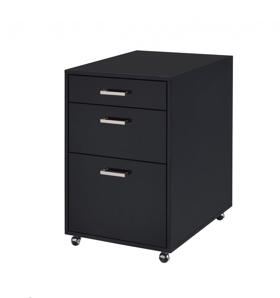 Black wood and metal three-drawer filing cabinet with silver handles and casters on a white background.