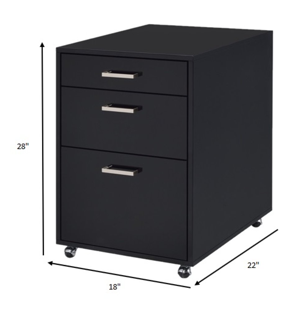 28" Black Wood And Metal Three Drawers Filing Cabinet. Filing cabinet isolated on a plain white background, in a black metal finish.