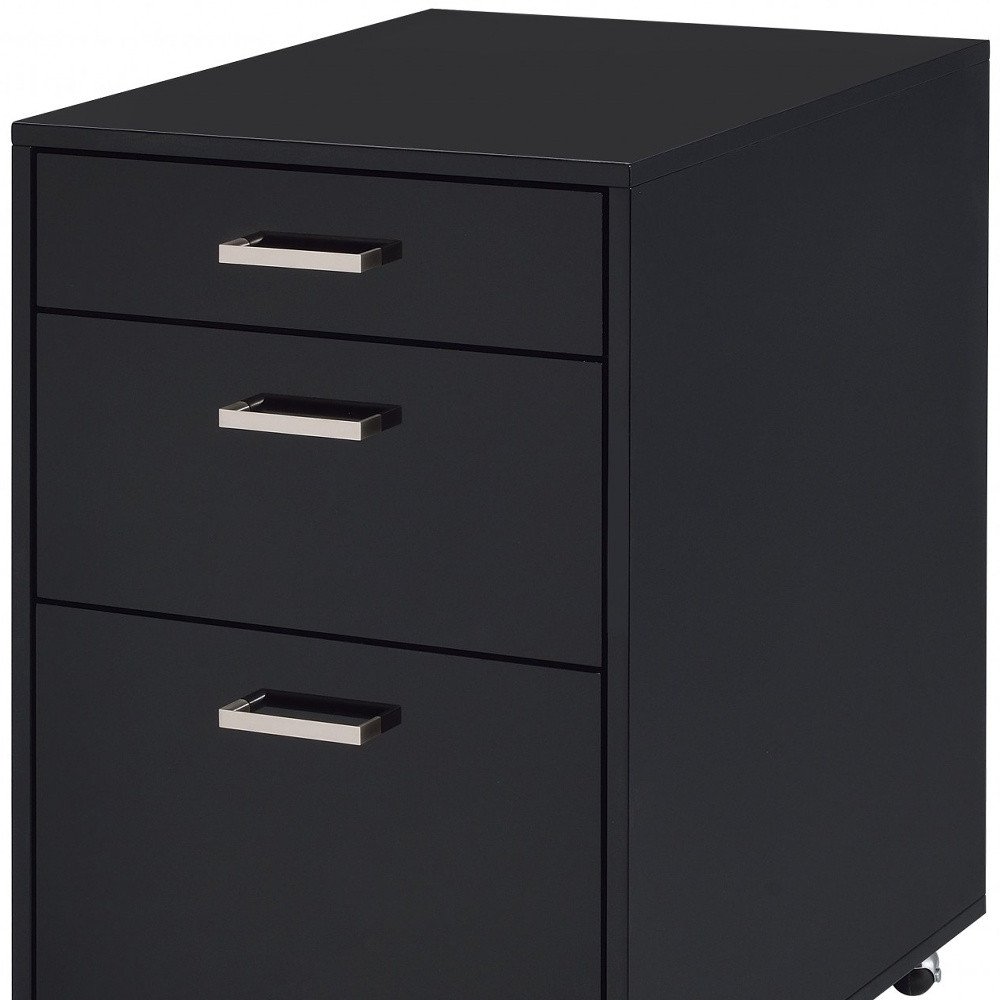 28" Black Wood And Metal Three Drawers Filing Cabinet close-up highlighting the black metal surface.
