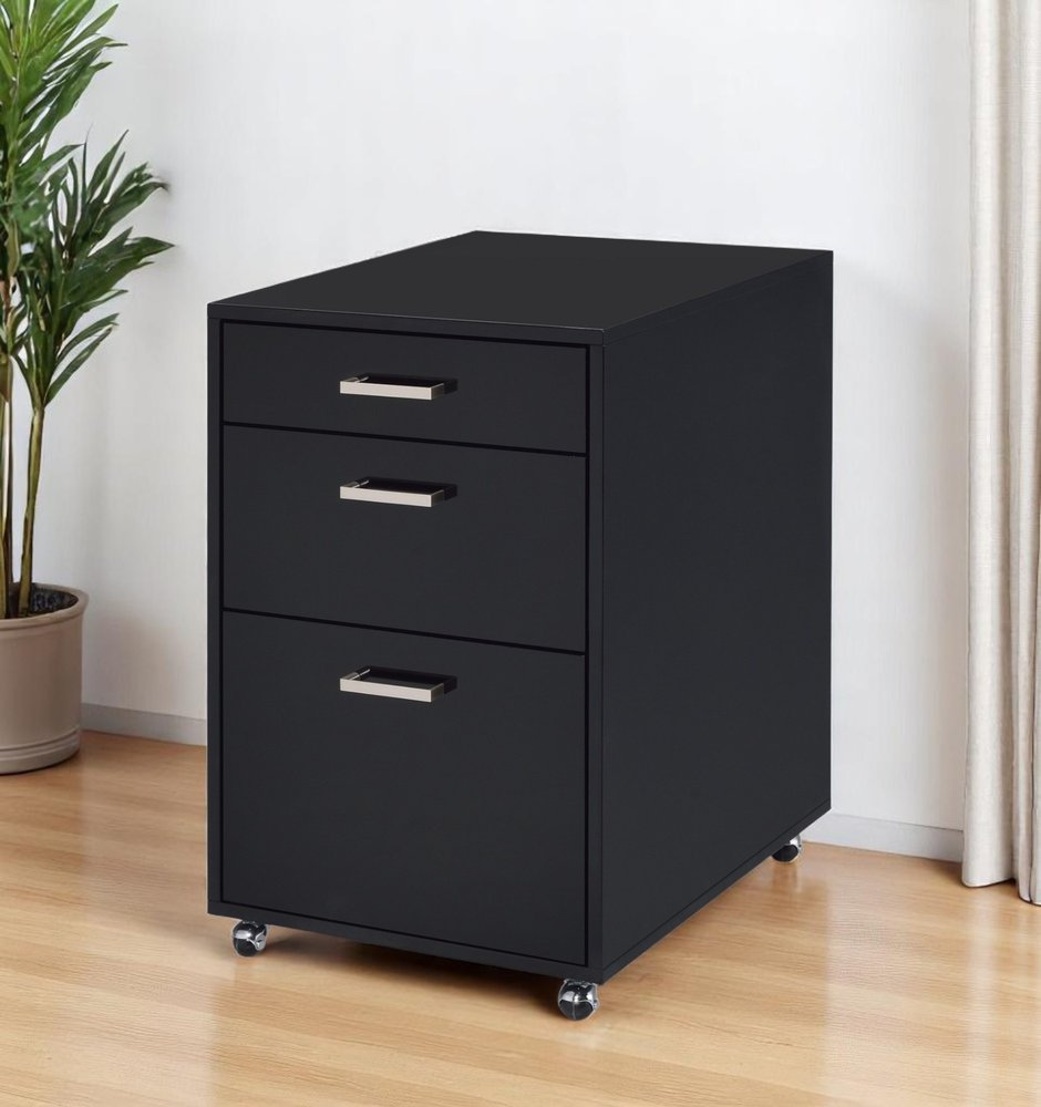 28" Black Wood And Metal Three Drawers Filing Cabinet. Filing cabinet in black metal.
