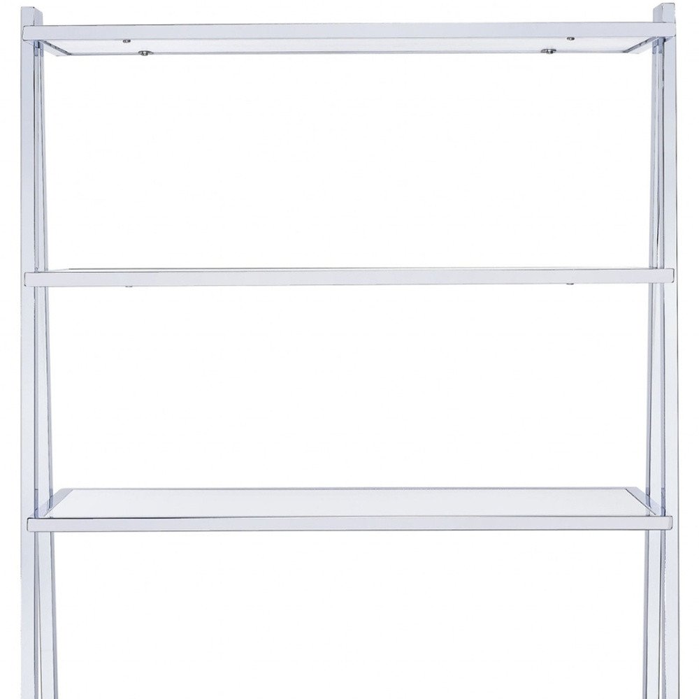 White And Silver Metal and Glass Five Tier Ladder Bookcase on a white background