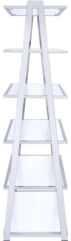 White and silver metal and glass five-tier ladder bookcase against a white background.