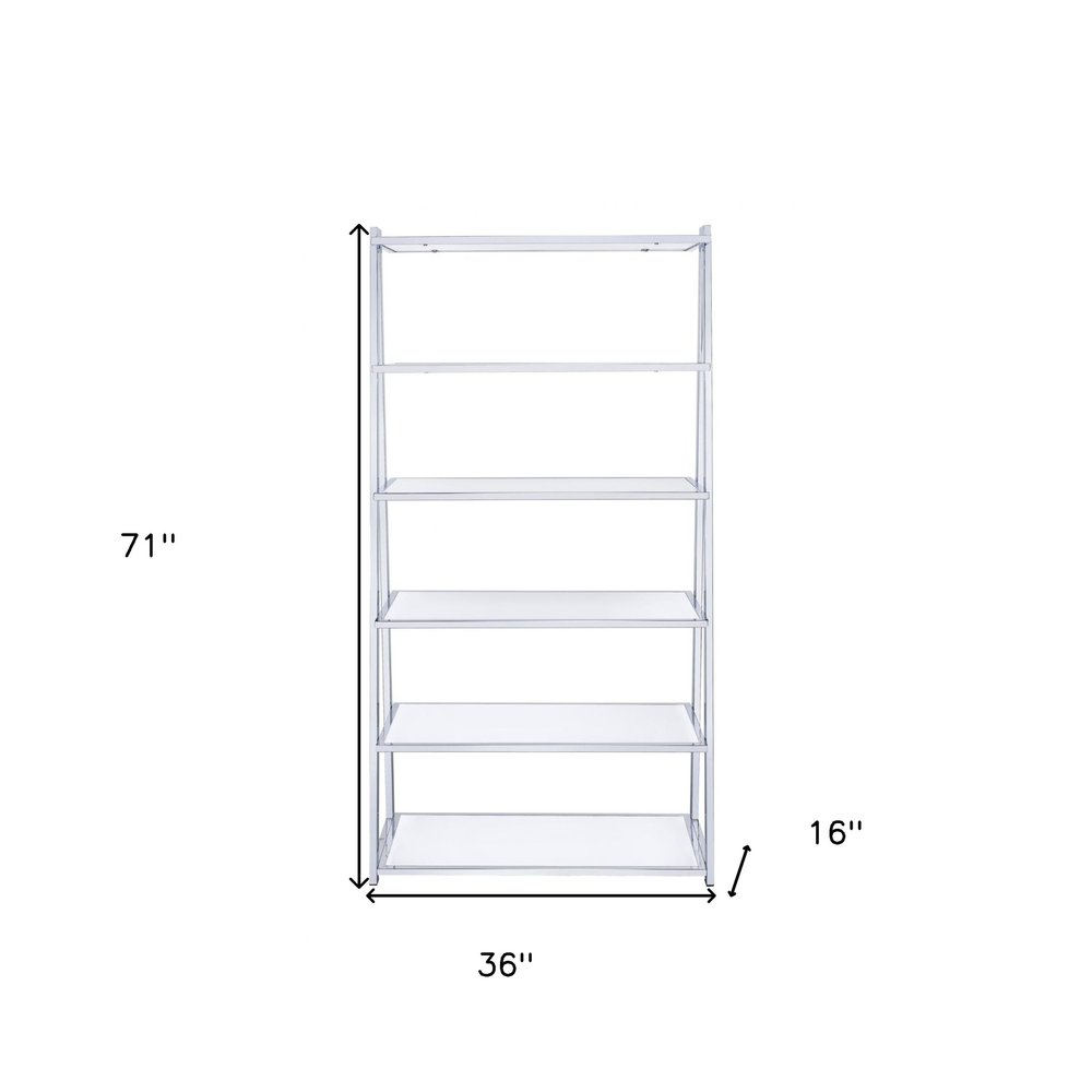 White And Silver Metal and Glass Five Tier Ladder Bookcase on a white background
