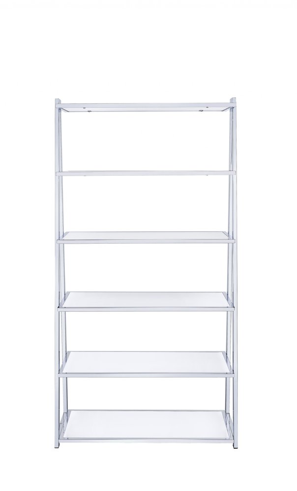White And Silver Metal and Glass Five Tier Ladder Bookcase on a white background