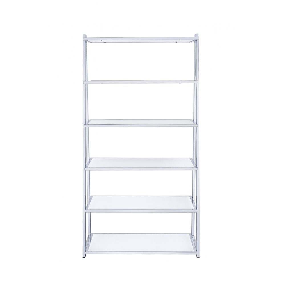White And Silver Metal and Glass Five Tier Ladder Bookcase on a white background