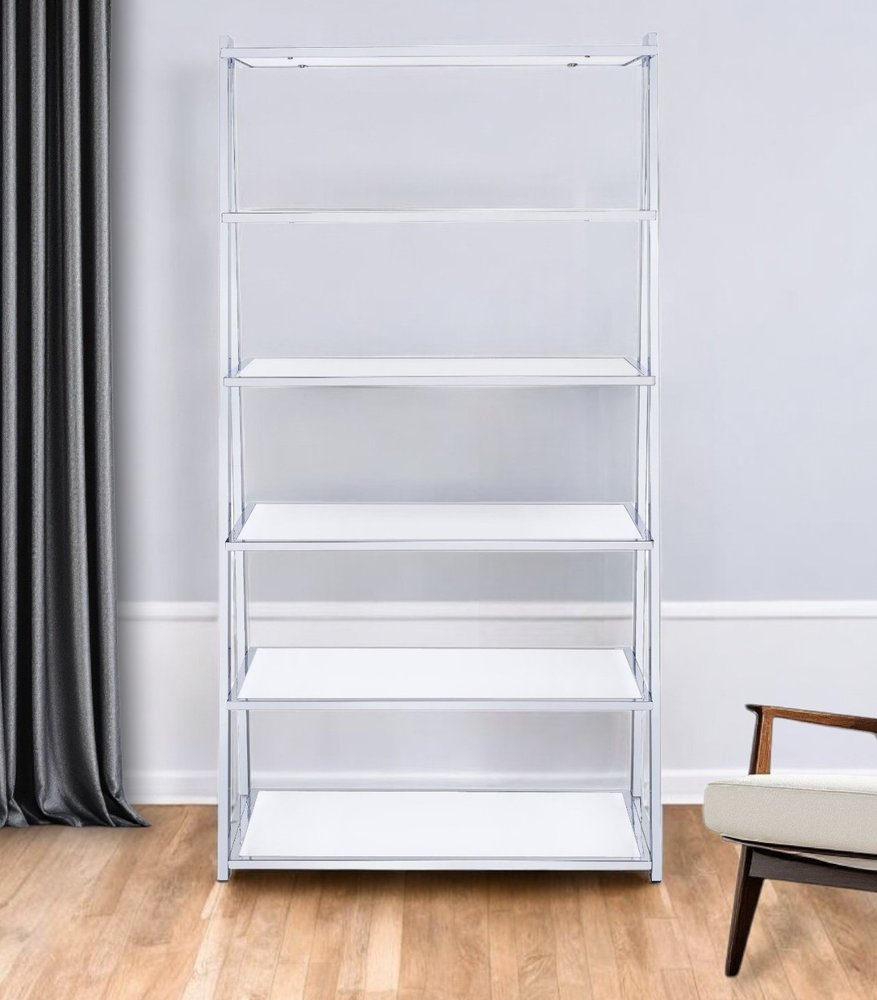 White And Silver Metal and Glass Five Tier Ladder Bookcase in a home interior