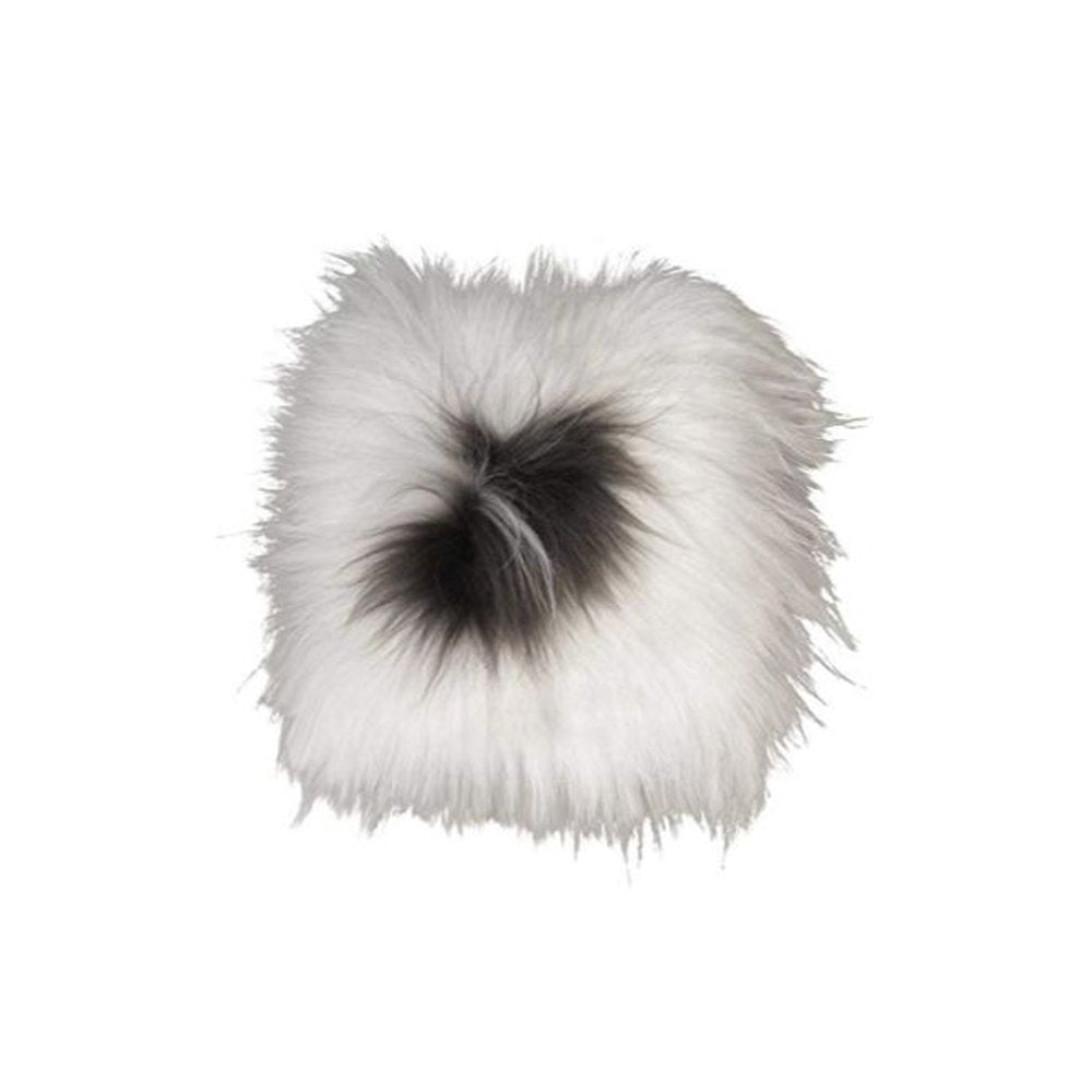 Fluffy white and gray synthetic animal print pad on a white background.