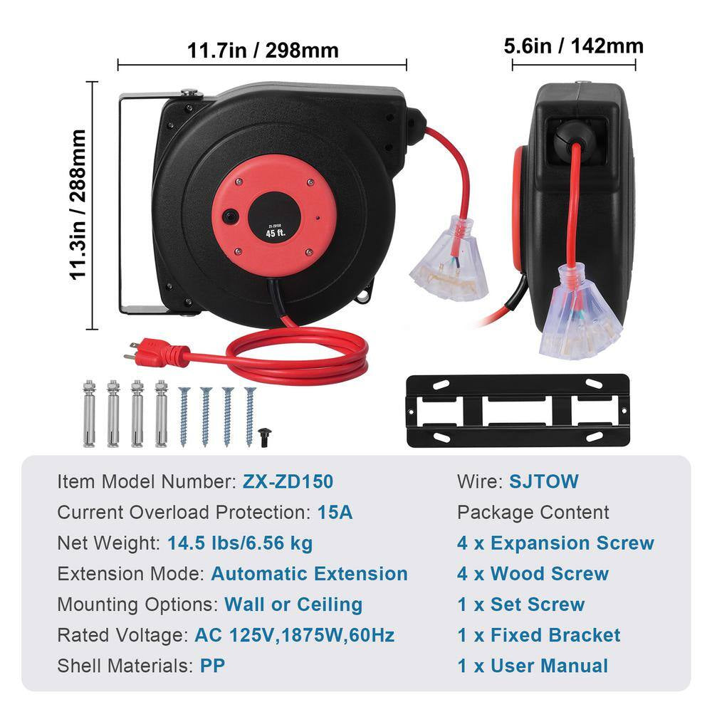 45 Ft., 12Gauge / 3 Conductors, 15 Amps Retractable Extension Cord Reel with 3-Outlets, Heavy Duty 12AWG / 3C SJTOW