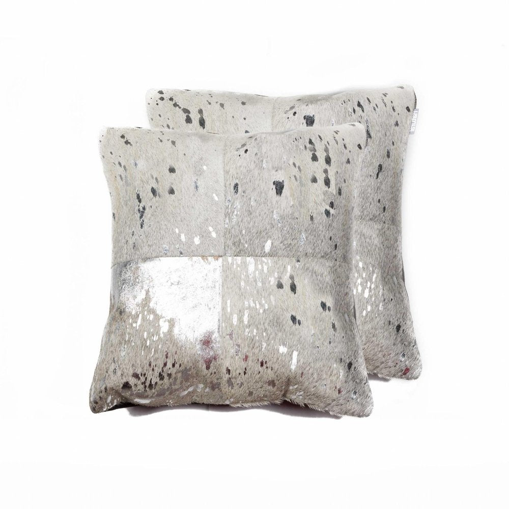 Set of Two Silver and Gray Cowhide Throw Pillow on a white background