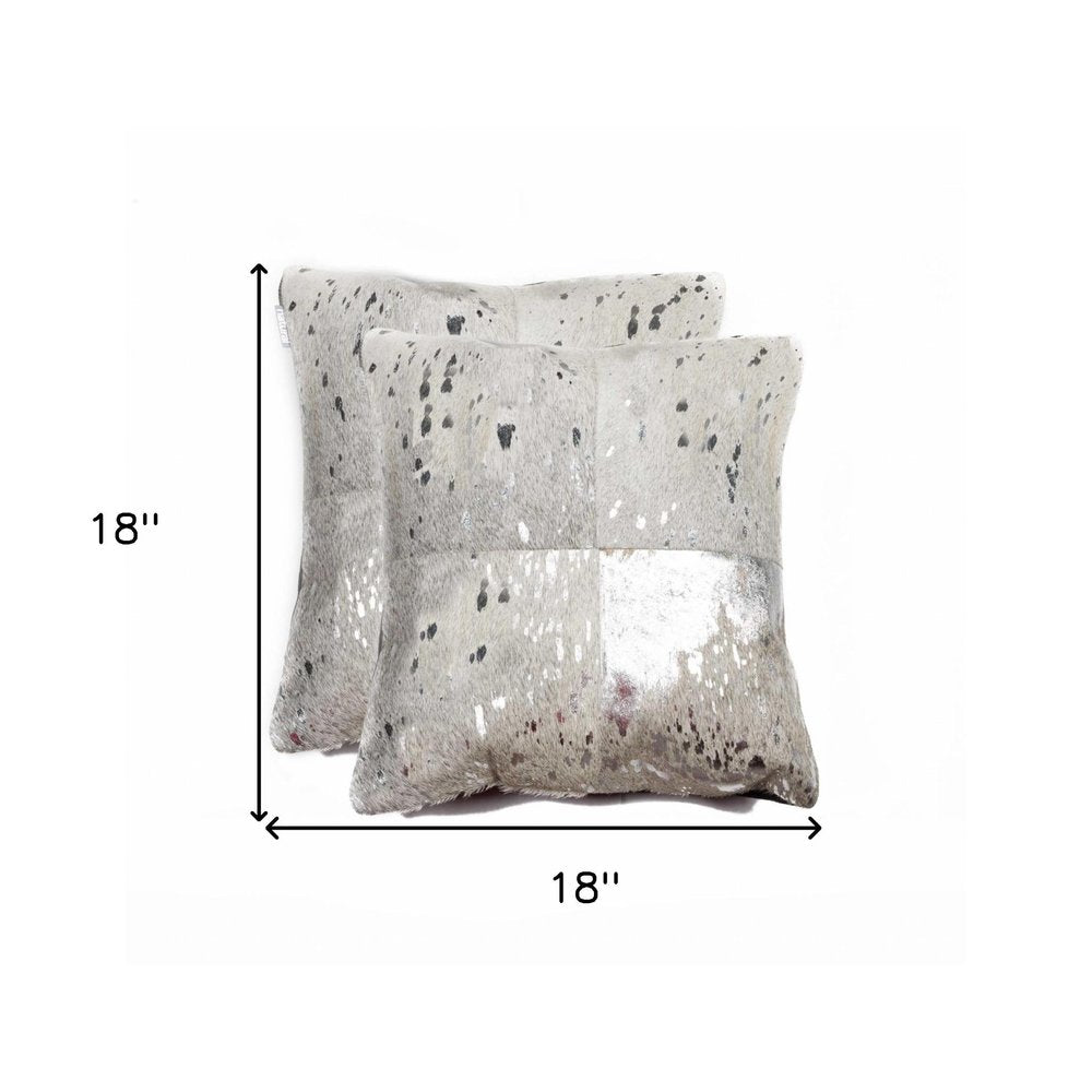 Set of Two Silver and Gray Cowhide Throw Pillow on a white background
