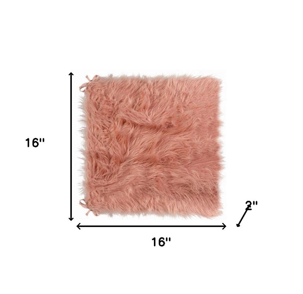 Set of Two 16" X 2" Pink Faux Fur Dining Chair Pads on a white background