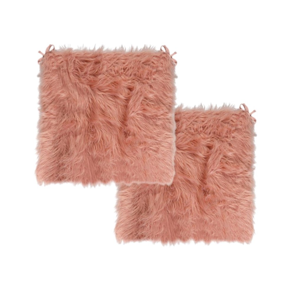 Set of Two 16" X 2" Pink Faux Fur Dining Chair Pads on a white background
