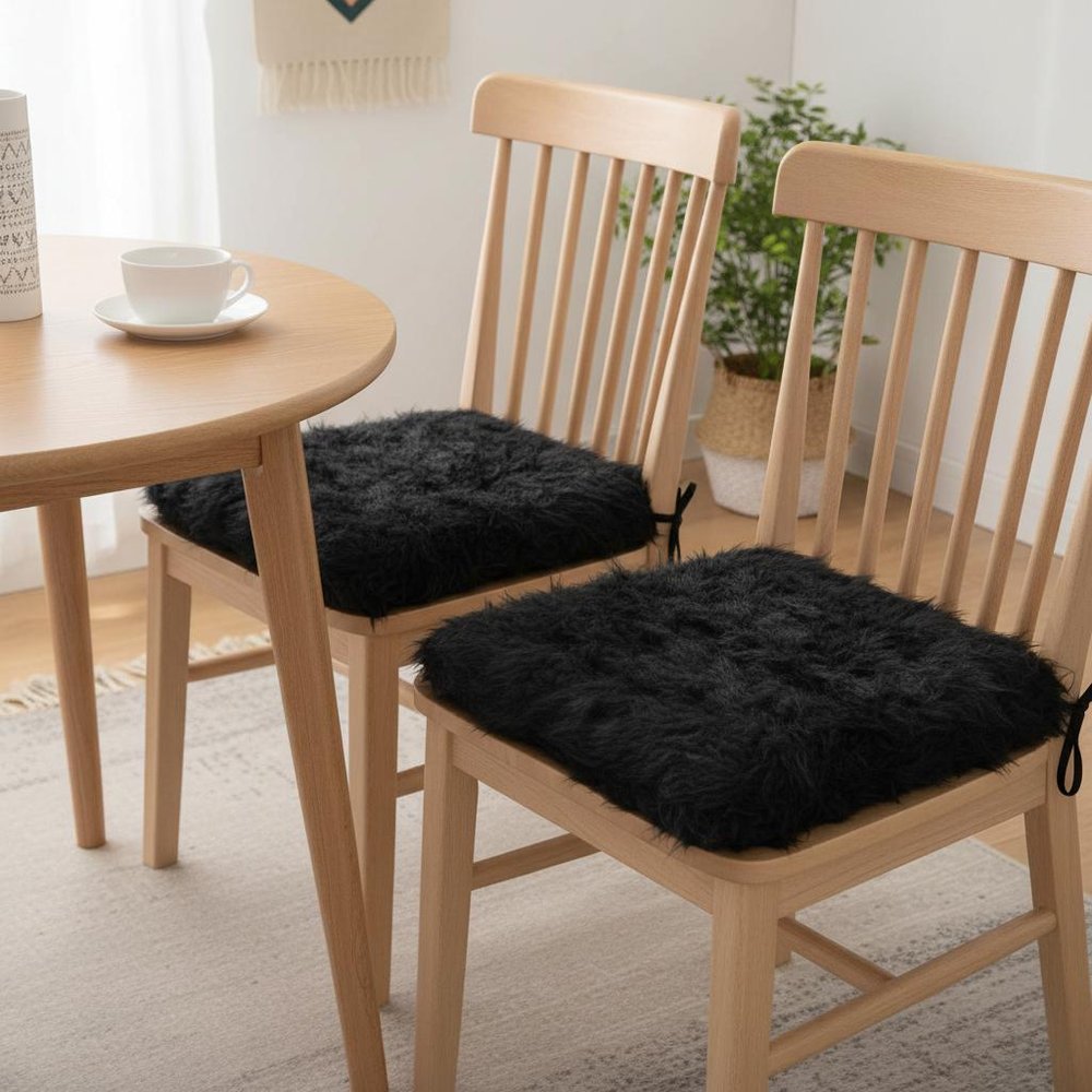 Set of Two 16" X 2" Pink Faux Fur Dining Chair Pads in a home interior