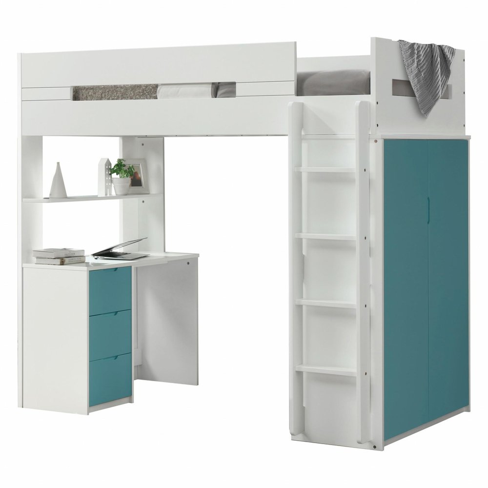 White And Natural Twin Loft Bed And Desk on a white background