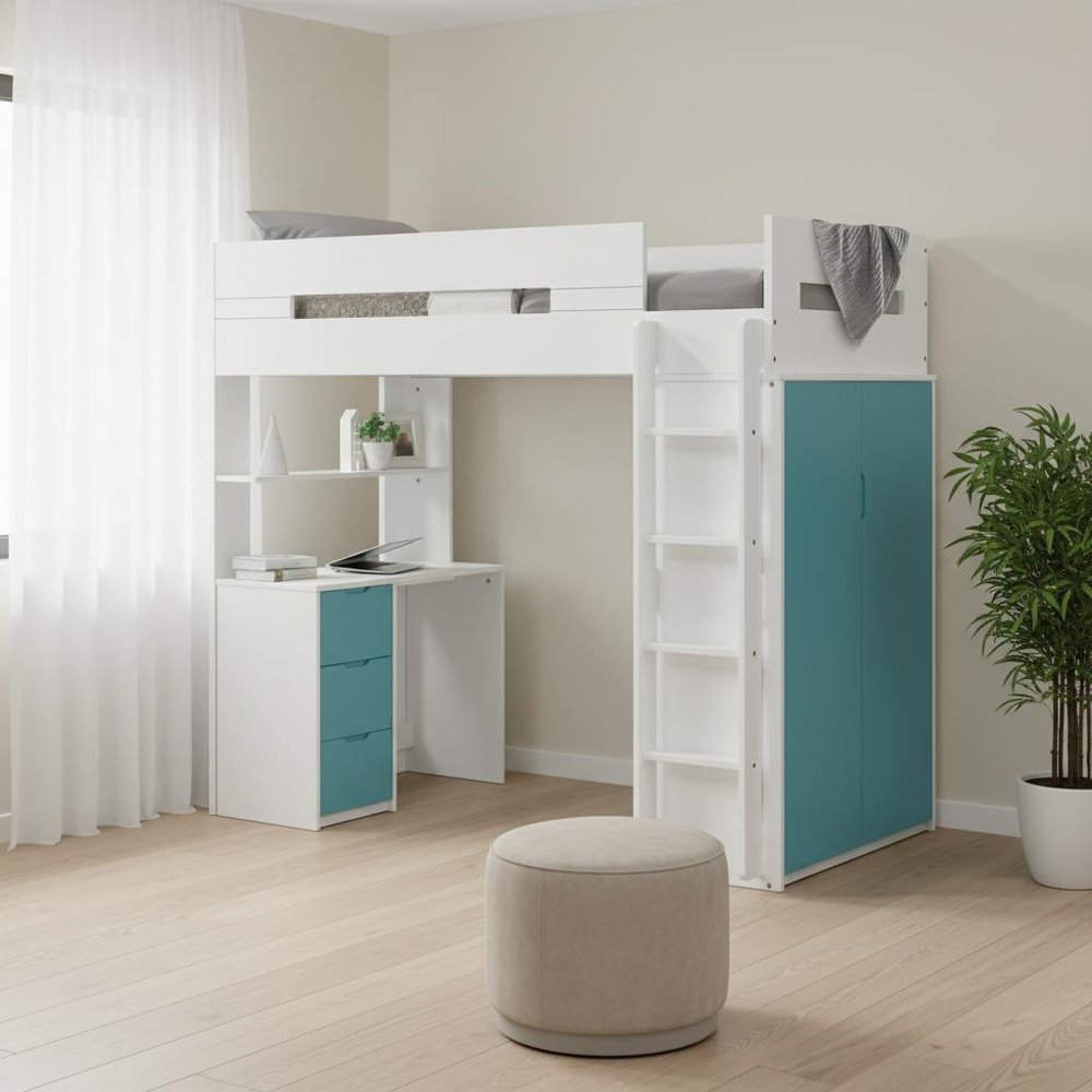 White And Natural Twin Loft Bed And Desk on a white background