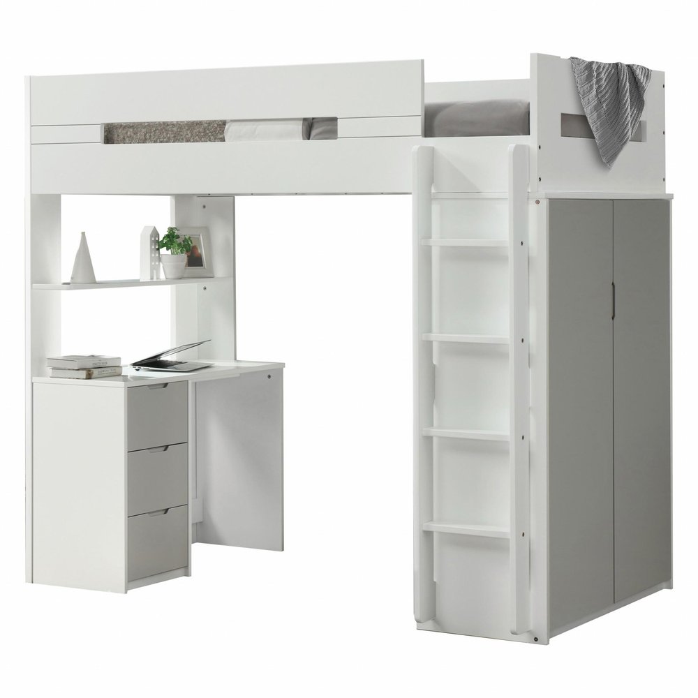 White And Natural Twin Loft Bed And Desk on a white background