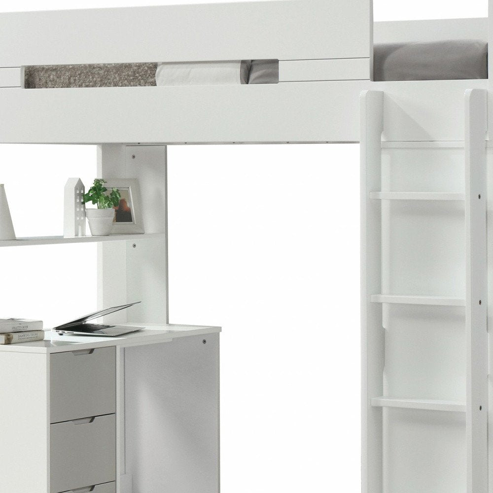 White And Natural Twin Loft Bed And Desk on a white background