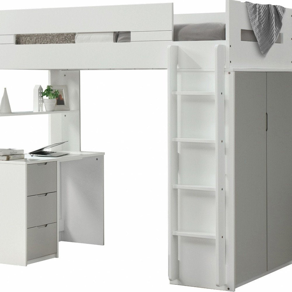 White And Natural Twin Loft Bed And Desk