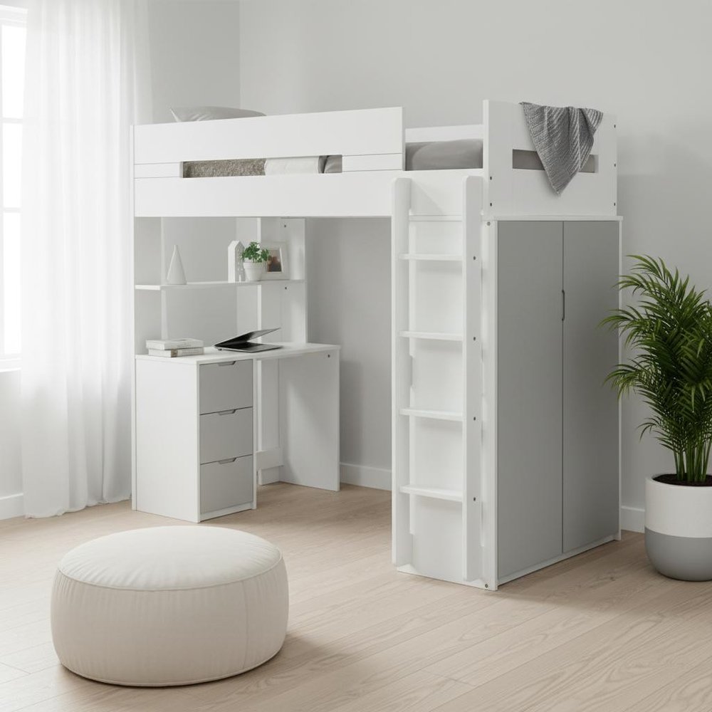 White And Natural Twin Loft Bed And Desk
