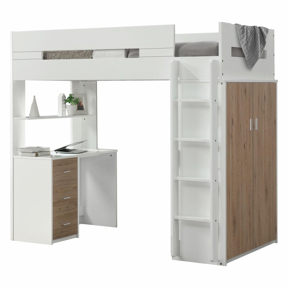White And Natural Twin Loft Bed And Desk on a white background