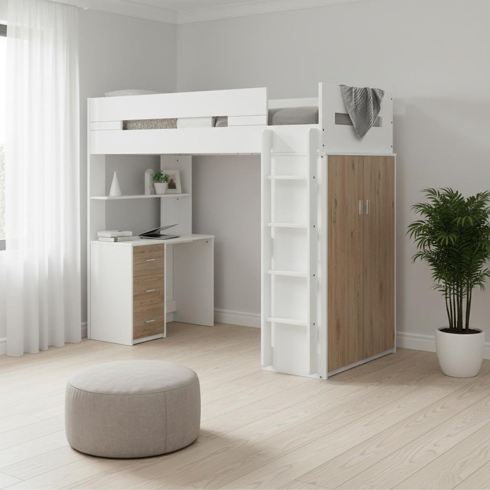 White And Natural Twin Loft Bed And Desk on a white background
