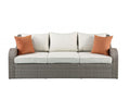 Three Piece Outdoor Gray Wicker Sectional Seating Group with Beige Cushions on a white background
