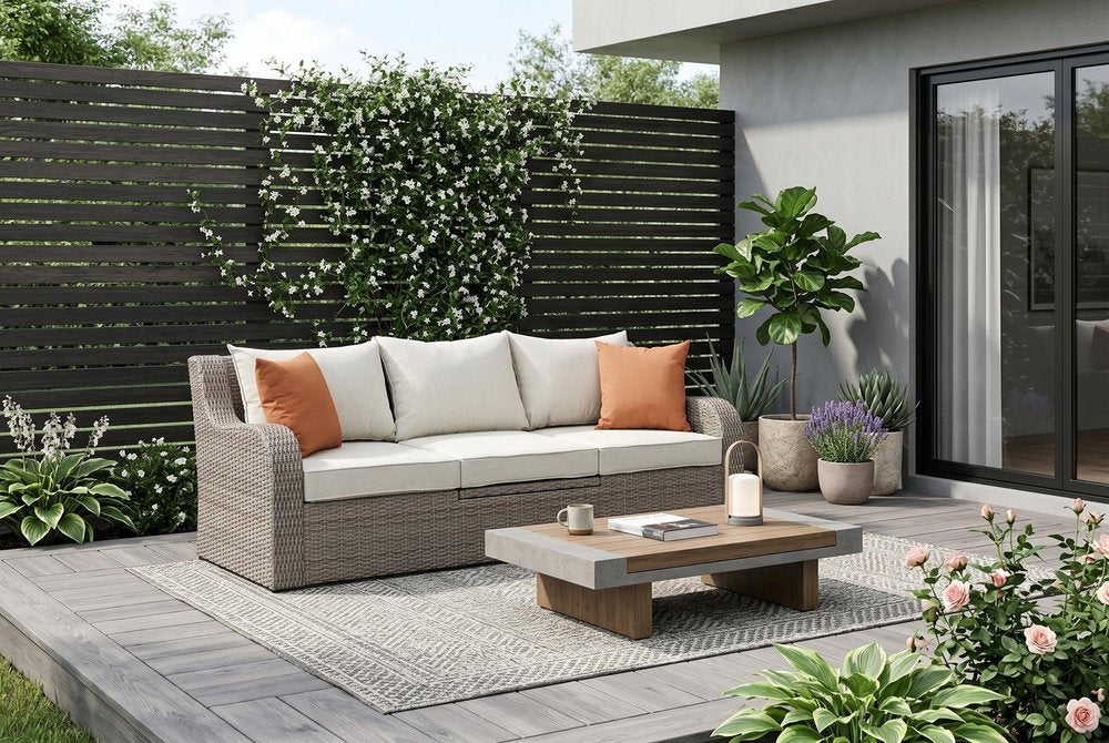 Three Piece Outdoor Gray Wicker Sectional Seating Group with Beige Cushions