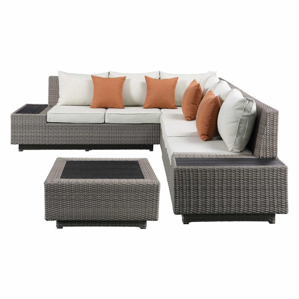 Beige Polyester Modular L Shaped Four Piece With Console And Toss Pillows on a white background