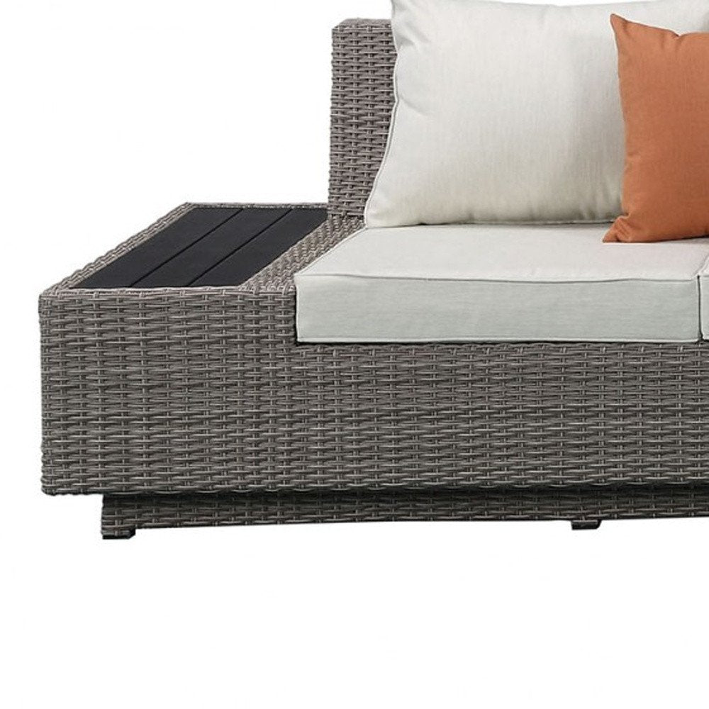 Beige Polyester Modular L Shaped Four Piece With Console And Toss Pillows on a white background