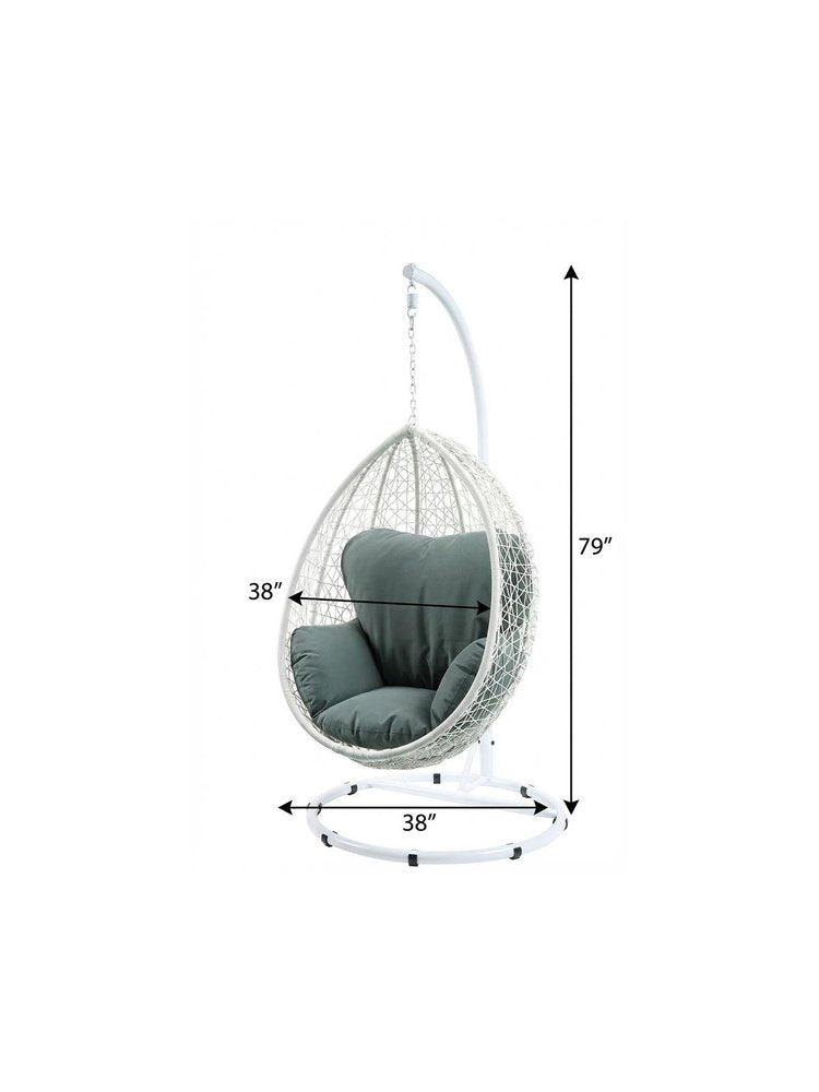38" White Metal Swing Chair With Green Cushion