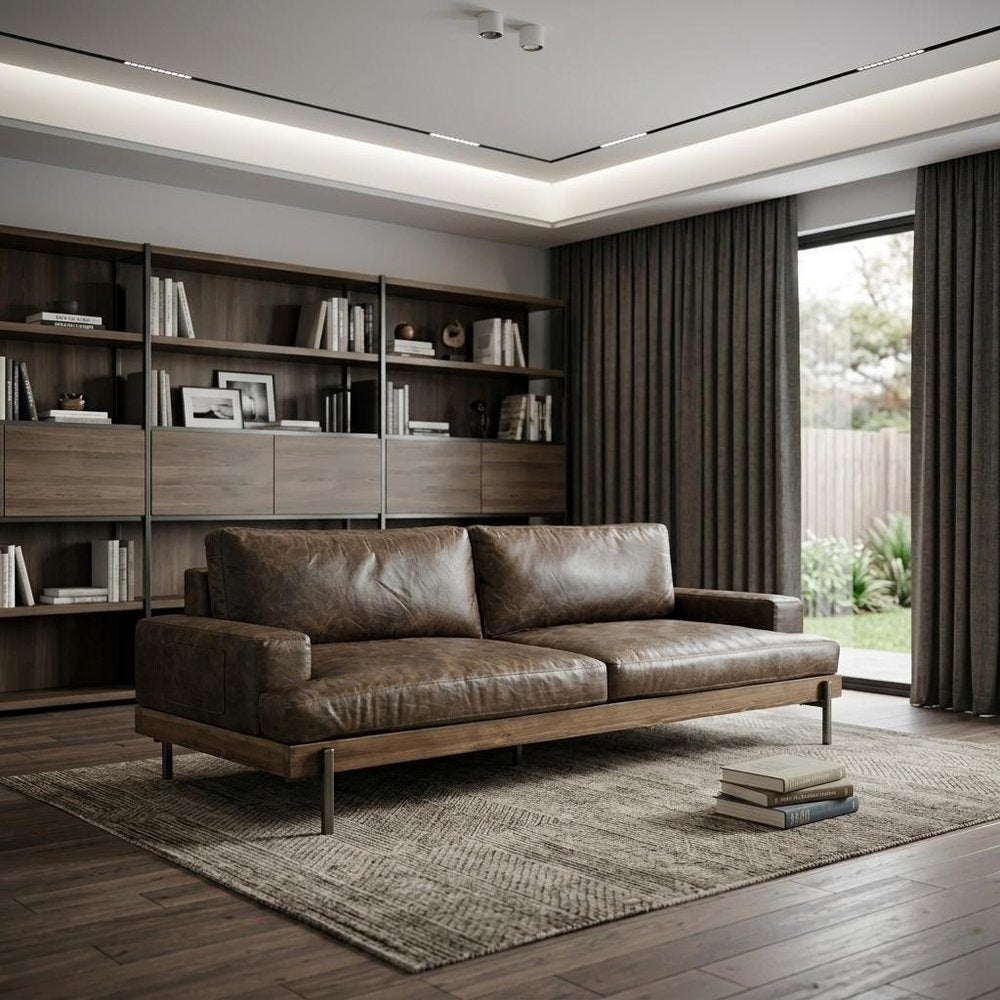 95" Chocolate Top Grain Leather Sofa With Black Legs in a home interior