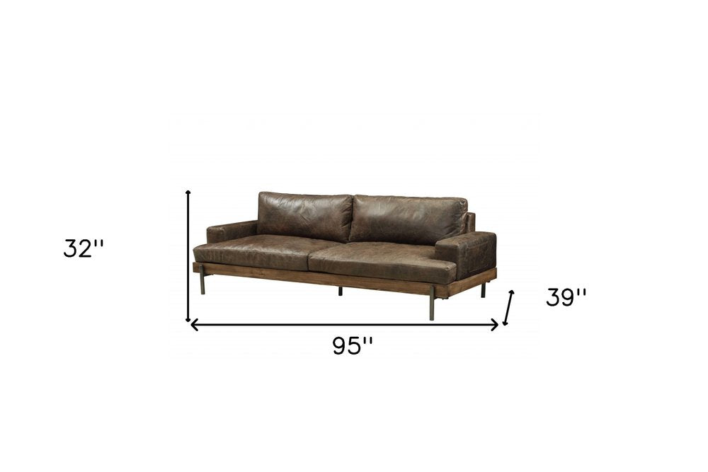 95" Chocolate Top Grain Leather Sofa With Black Legs on a white background