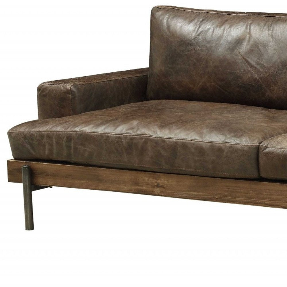 95" Chocolate Top Grain Leather Sofa With Black Legs on a white background