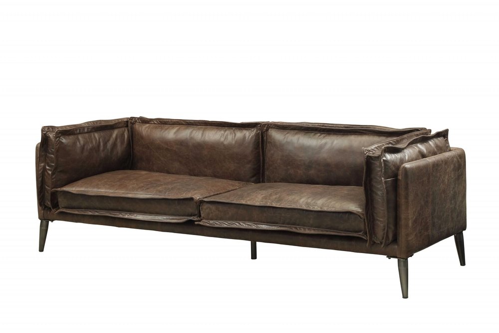 A chocolate brown top-grain leather sofa with dark brown legs on a white background.