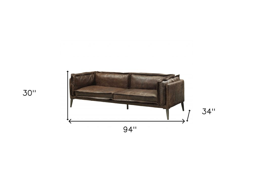 94" Chocolate Top Grain Leather Sofa With Dark Brown Legs on a white background