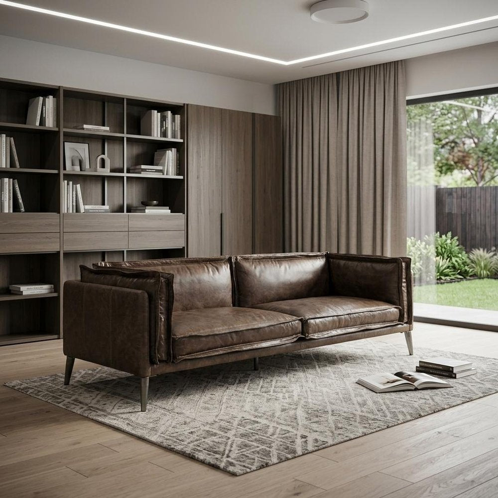 94" Chocolate Top Grain Leather Sofa With Dark Brown Legs in a home interior