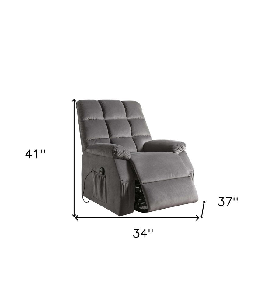 34" Gray Velvet Heated Massage Lift Assist Power Recliner. Recliner isolated on a plain white background, showing a gray velvet surface.