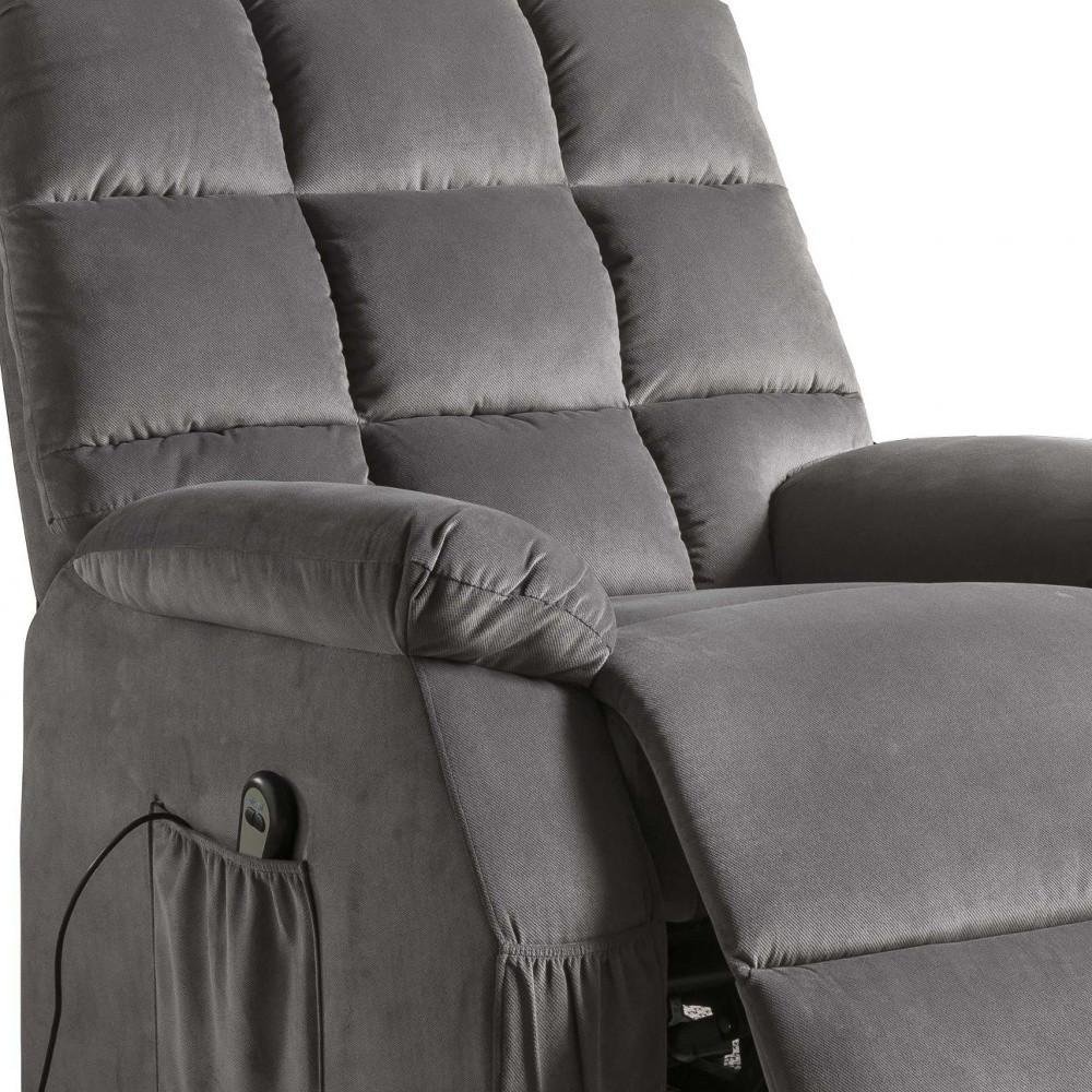 Close-up of 34" Gray Velvet Heated Massage Lift Assist Power Recliner showing gray velvet detail.