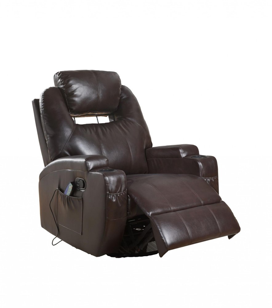 Brown faux leather heated massage home theater recliner with cup holders and side pocket on a white background.