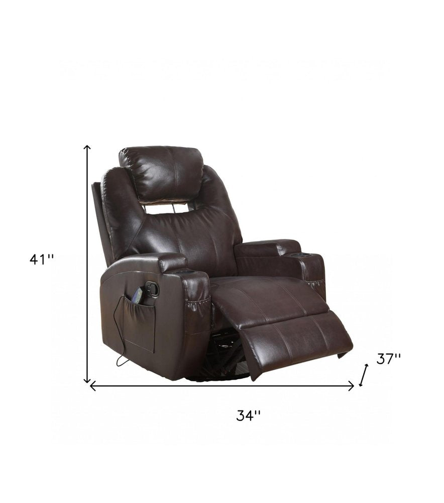 34" Brown Faux Leather Heated Massage Home Theater Recliner. Recliner isolated on a plain white background, showing a faux leather surface.