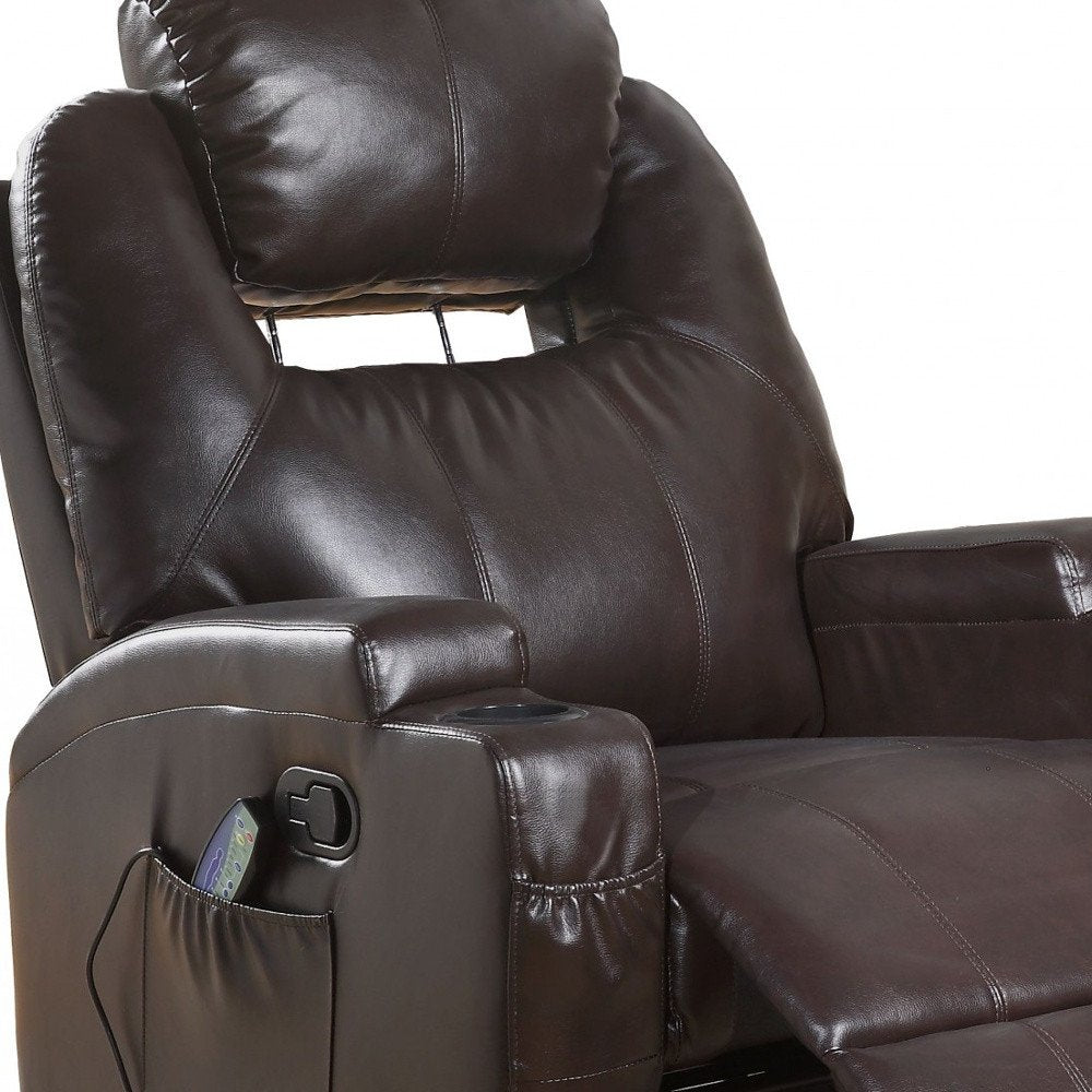 34" Brown Faux Leather Heated Massage Home Theater Recliner detail shot of the faux leather finish.