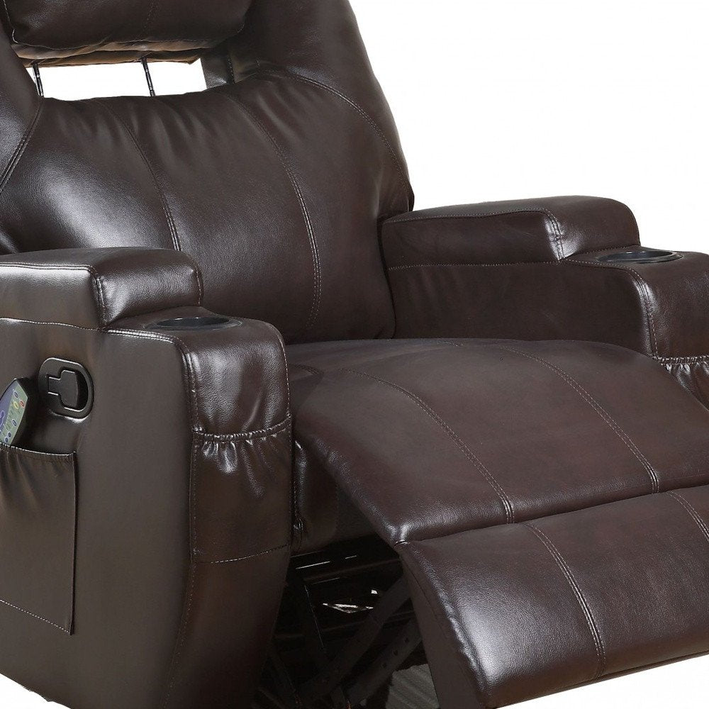 Cropped view of 34" Brown Faux Leather Heated Massage Home Theater Recliner focusing on the brown faux leather surface.