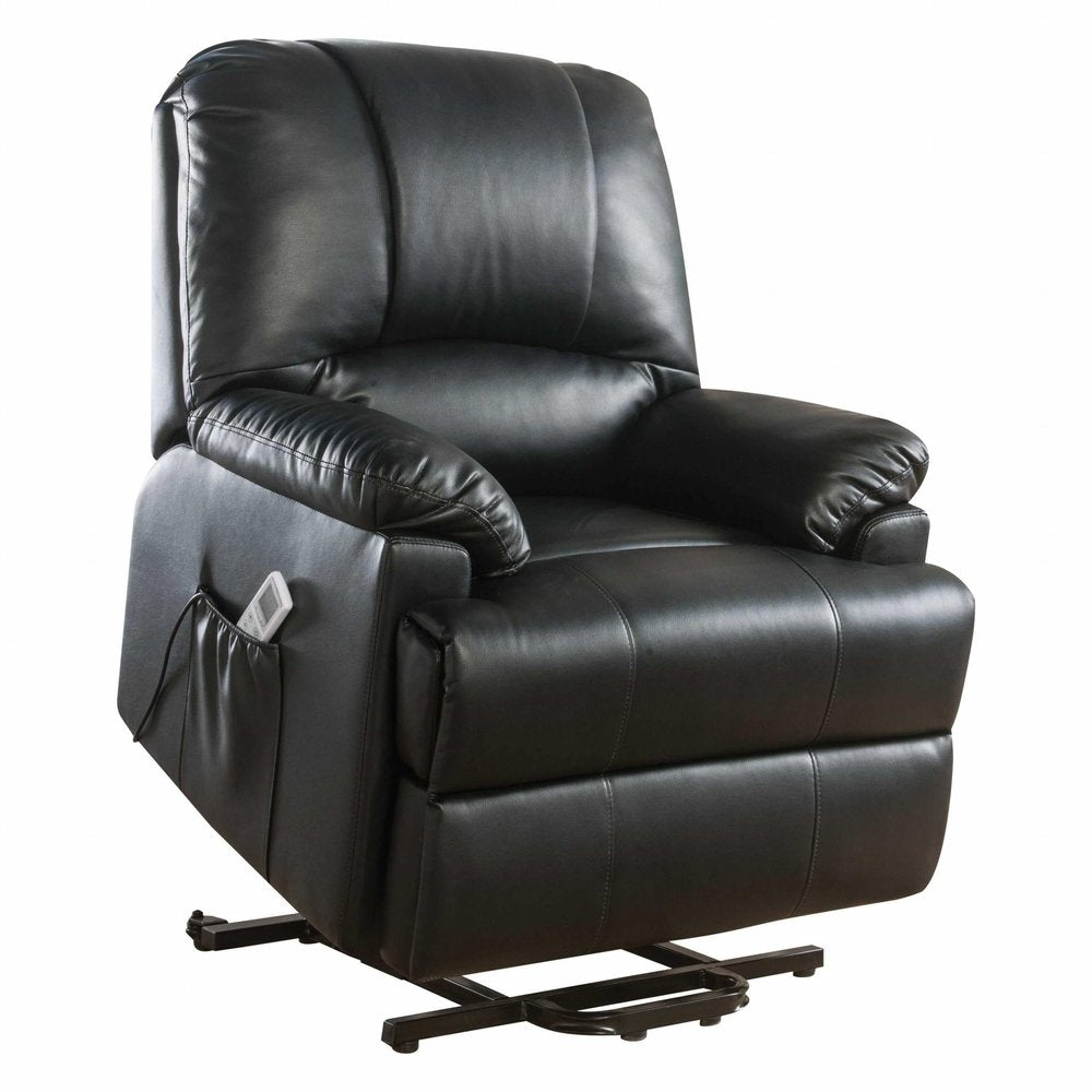 Black faux leather power lift assist recliner with a side pocket holding a remote, on a metal base against a white background.