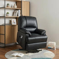 34" Beige Faux Leather Power Massage Lift Assist Recliner styled in a furnished interior with a light gray wall on a tiled floor.