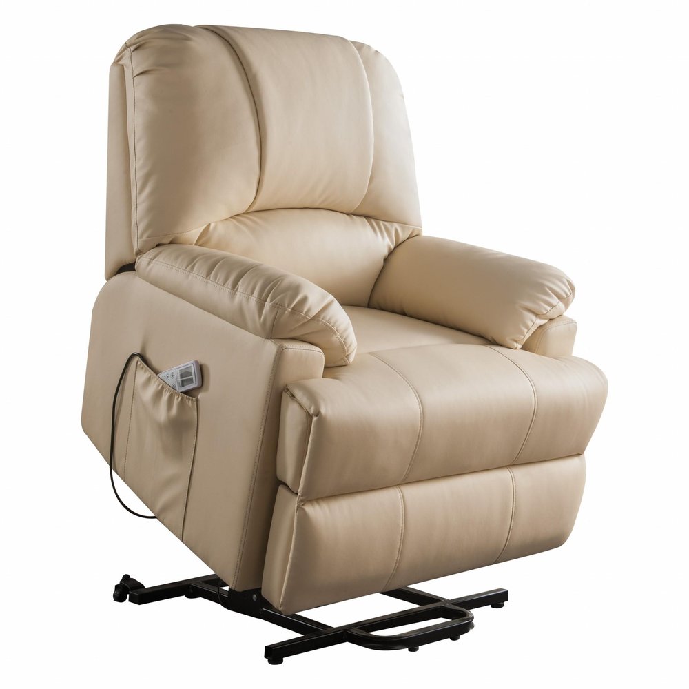 34" Beige Faux Leather Power Massage Lift Assist Recliner. Recliner isolated on a plain white background, showing a beige faux leather surface.