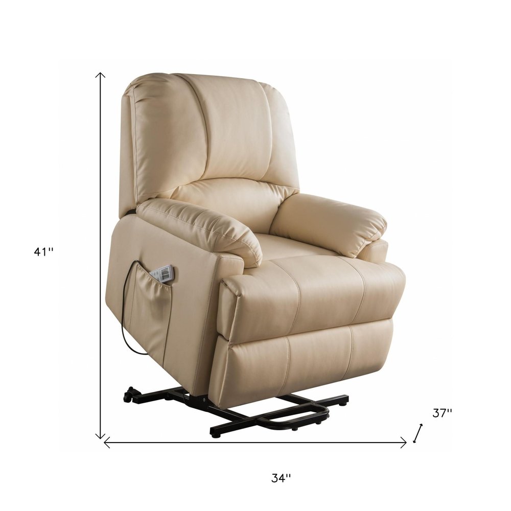 34" Beige Faux Leather Power Massage Lift Assist Recliner. Recliner isolated on a plain white background, in a beige faux leather finish.