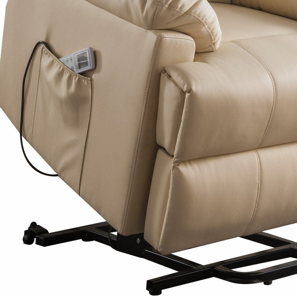 34" Beige Faux Leather Power Massage Lift Assist Recliner. Recliner in beige faux leather.
