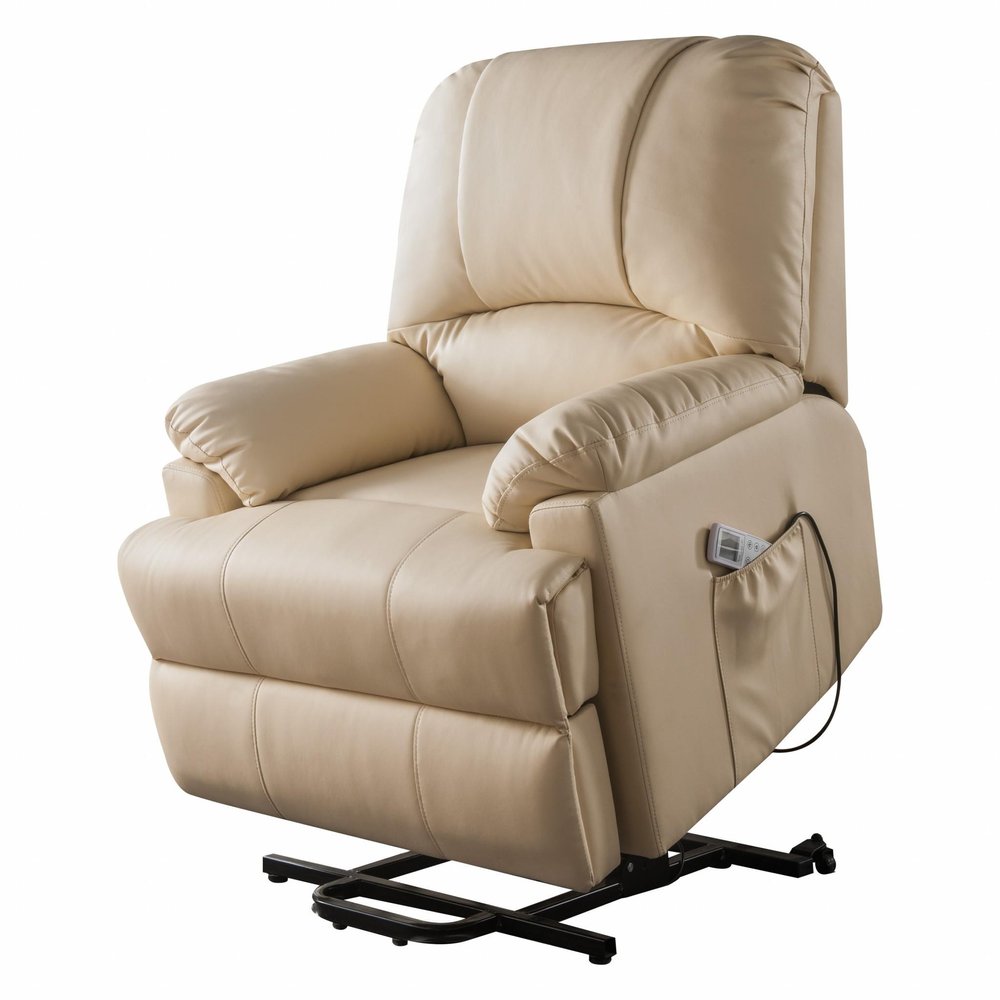 34" Beige Faux Leather Power Massage Lift Assist Recliner. Recliner isolated on a plain white background, in a beige faux leather finish.